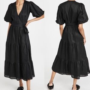FAITHFULL the brand NWT black linen wrap puff sleeves maxi dress 2